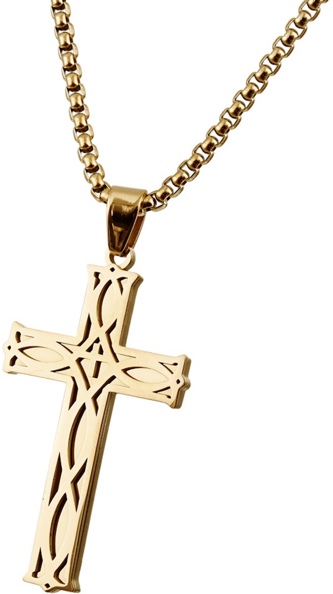 Decopatent - RVS Kruis Ketting met schakel ketting - Goudkleurige Kruishanger - Christelijke Ketting voor Heren & Dames - 60 Cm - Stijlvolle RVS Halsketting