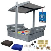 KOTARBAU® Houten Zandbak - 100 x 100 cm - Grijs - Zandbak met Bankjes - met Grijs Dak - en Grondzeil - voor Tuin - Buitenspeelgoed