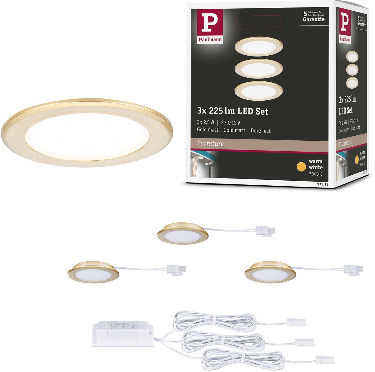 LED-meubelinbouwlampen Set van 3 rond 65mm 3x2,5W 3x180lm 230/12V 3000K Goud mat