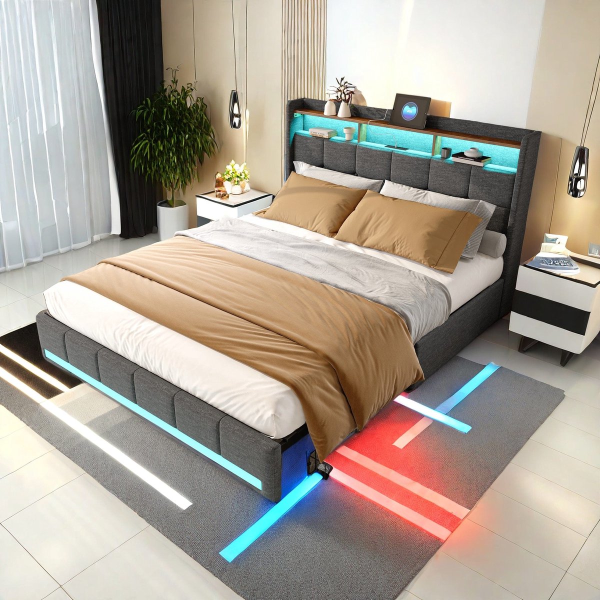 Tweepersoonsbed – Bedframe – Opbergbed – Led-Bed – Linnen Bed – Met 4 Lades – USB Opladen – 160x200 cm – Grijs