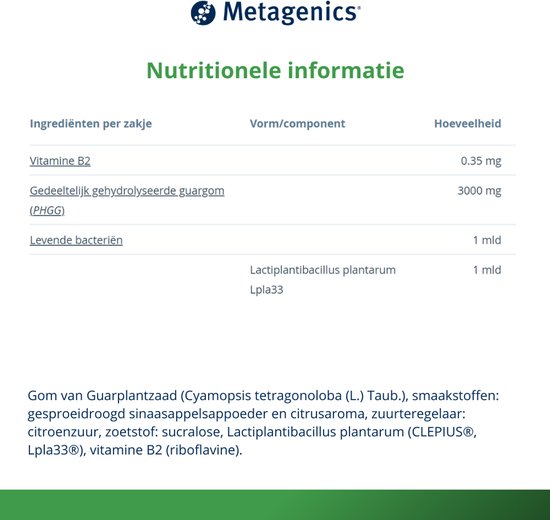 Nutritionele informatie voor Metagenics Bactiol Easy Fiber met vitamine B2, gehydrolyseerde guargom en levende bacteriën.