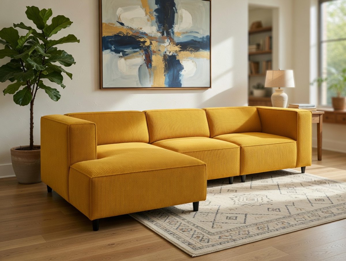 Hoekbank L-vorm Arendal – Chenille met Ribbeleffect – 4-zits – 284x166 cm – Mosterdkleur – Bellavero