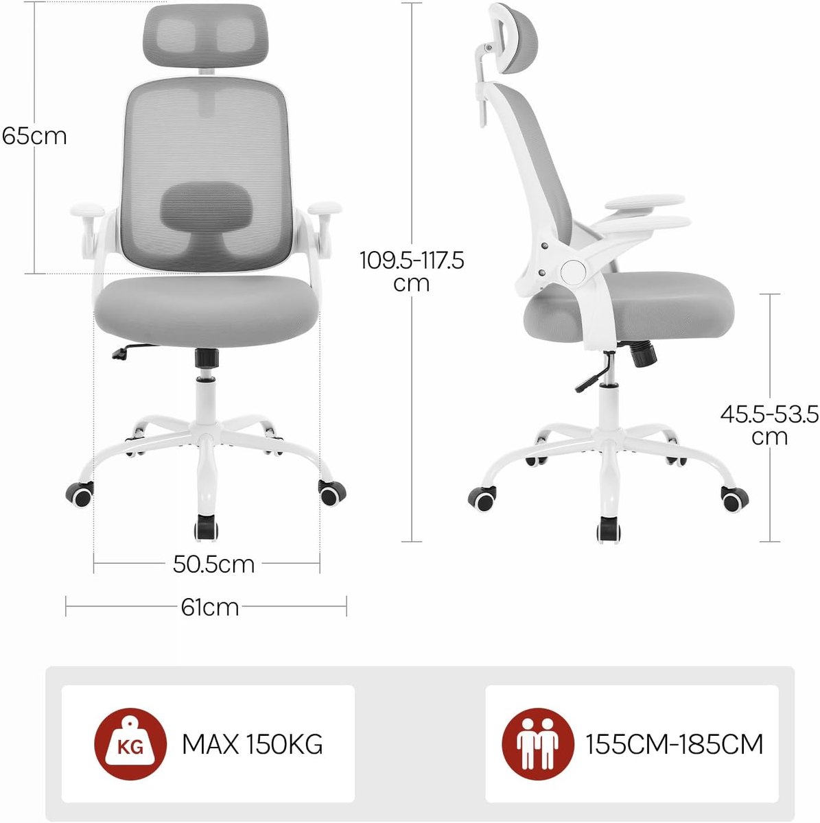 Ergonomische Bureaustoel Casa Velluto – Lichtgrijs Mesh Kantoorstoel met Verstelbare Hoofdsteun, Lendensteun, Kantelfunctie – Draaibaar 360° – 150 kg Draagvermogen – Comfortabele Werkstoel voor Thuis en Kantoor