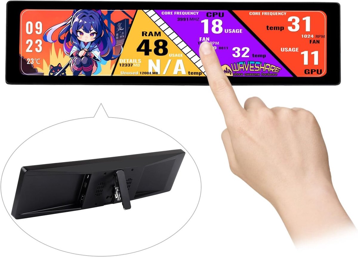 11.9 Inch IPS Touchscreen Monitor 320x1480 - HDMI, Gehard Glas & Ingebouwde Speaker