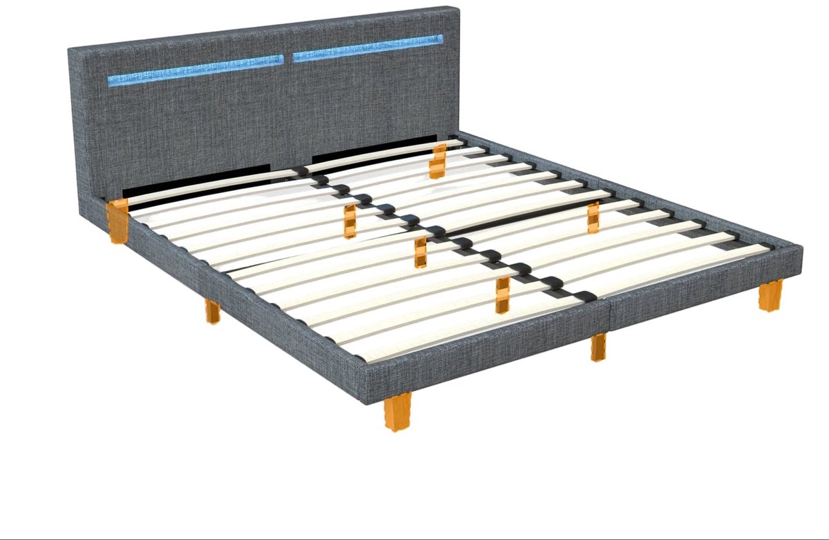 Bedframe – Bed – Tweepersoonsbed – Queensize Bed – Slaapbank – Grijs Gestoffeerd – 160x200 cm – Stevig Metaal & Houten Lattenbodem