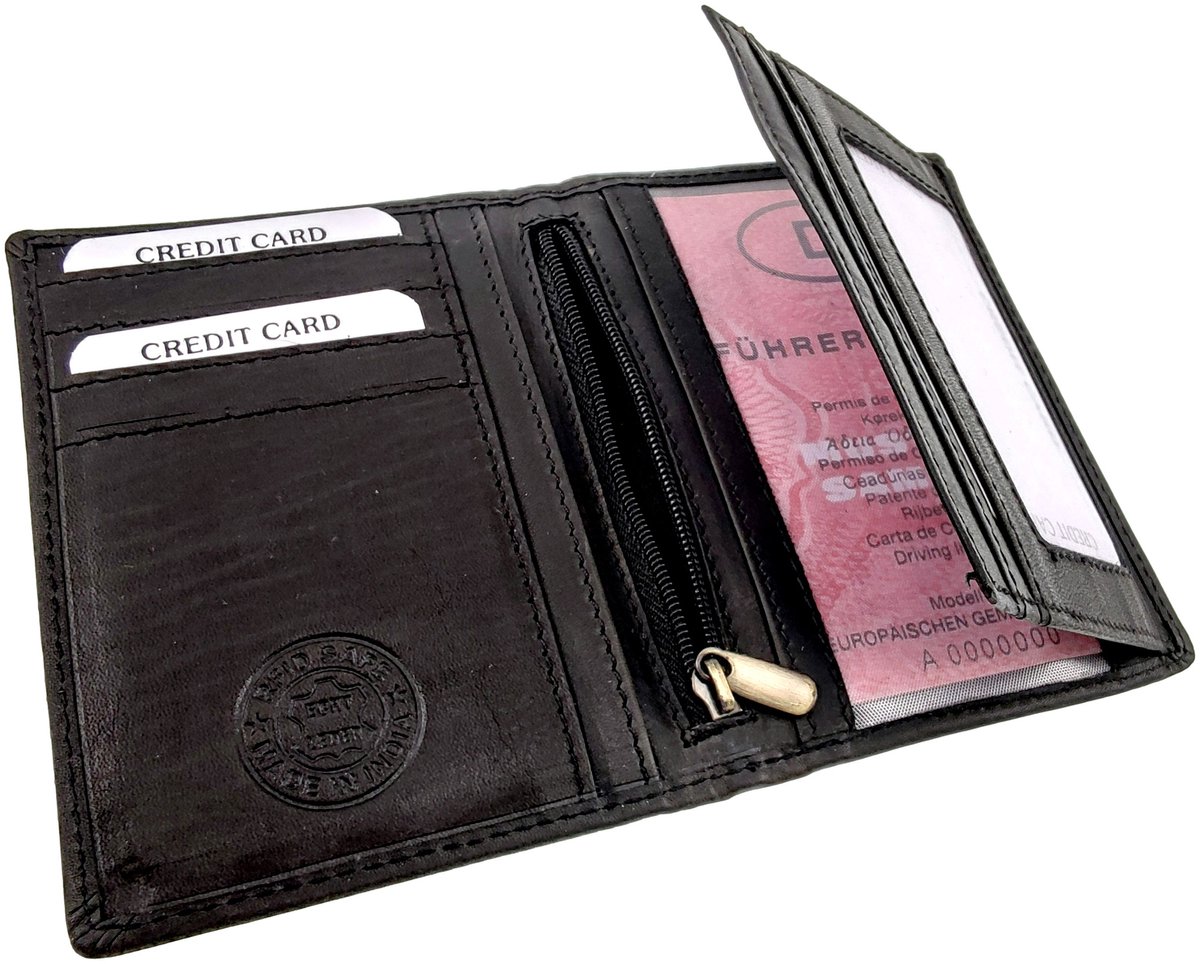 Compacte Leren Portemonnee Unisex, RFID-bescherming, Pasjesvakken, ID venster - Echt Leer Zwart
