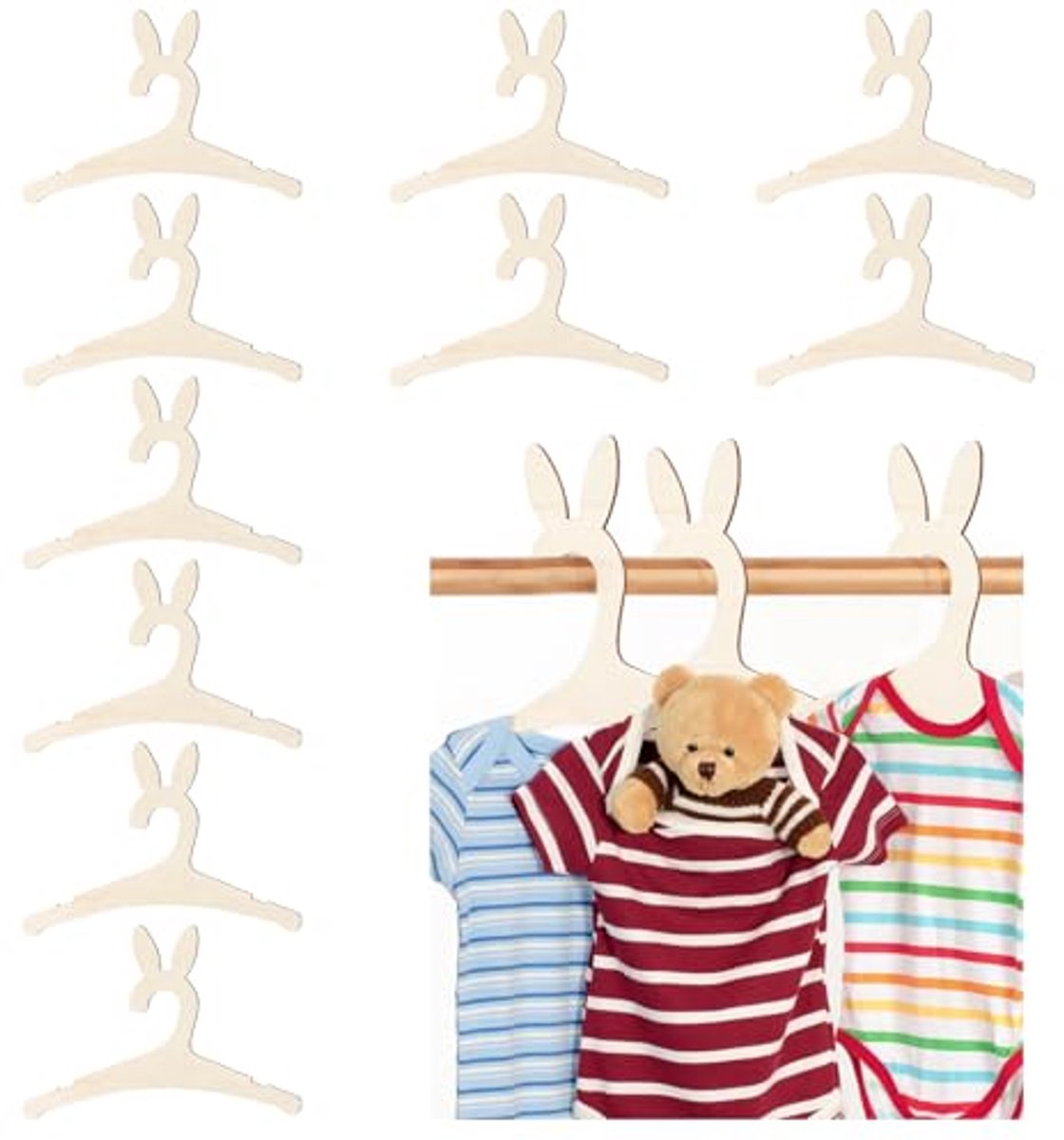 Ultiluxe® Baby Kledinghangers - 10 Stuks - Houten Kasthangers met Konijnen oren - Kinder Kleerhanger - Antislip - Konijntjes Design - Beige/Bruin