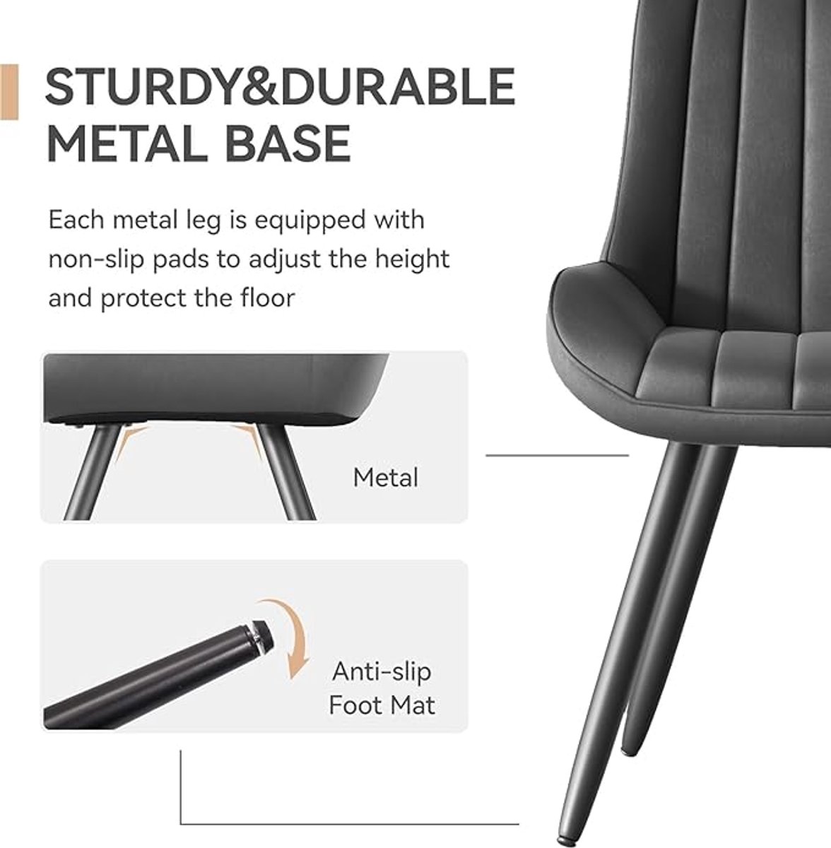 Eetkamerstoelen Set van 8 – Gestoffeerde Eetkamerstoel met Rugleuning en 5 cm Zitkussen – 46,9 x 52 x 83,2 cm – Moderne Keukenstoel met Metalen Poten – Comfortabele Dining Stoelen Donkergrijs – Abkantoor