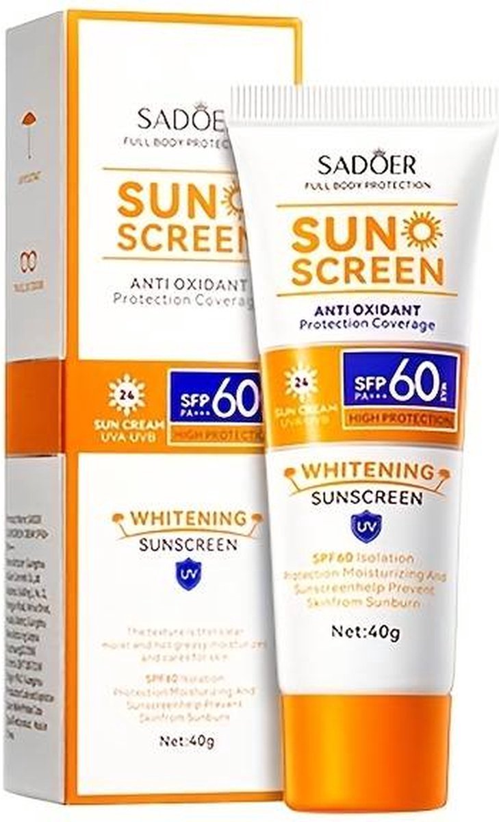SADOER Zonnebrandcrème SPF60 – Hoge UVA/UVB Bescherming – Gezicht & Lichaam – Hydraterend – 40g