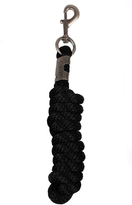 Zwart halstertouw met metalen clip en QHP logo.
