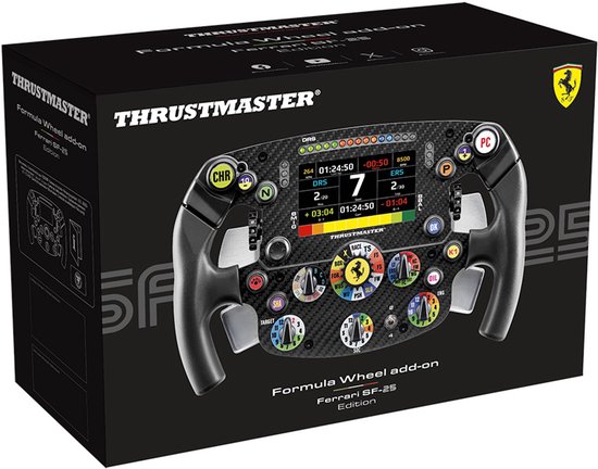 Doos van Thrustmaster Formula Wheel add-on Ferrari SF-25 Edition met afbeelding van het stuur.