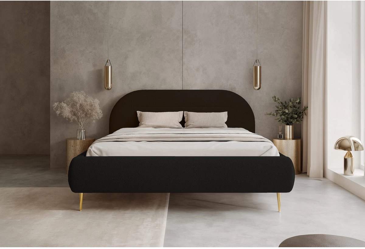 Gestoffeerd Tweepersoonsbed 180x200 cm Zwart – Luxe Pluche Bed met Halfrond Hoofdbord, Grote Opbergruimte en Houten Lattenbodem – Abkantoor