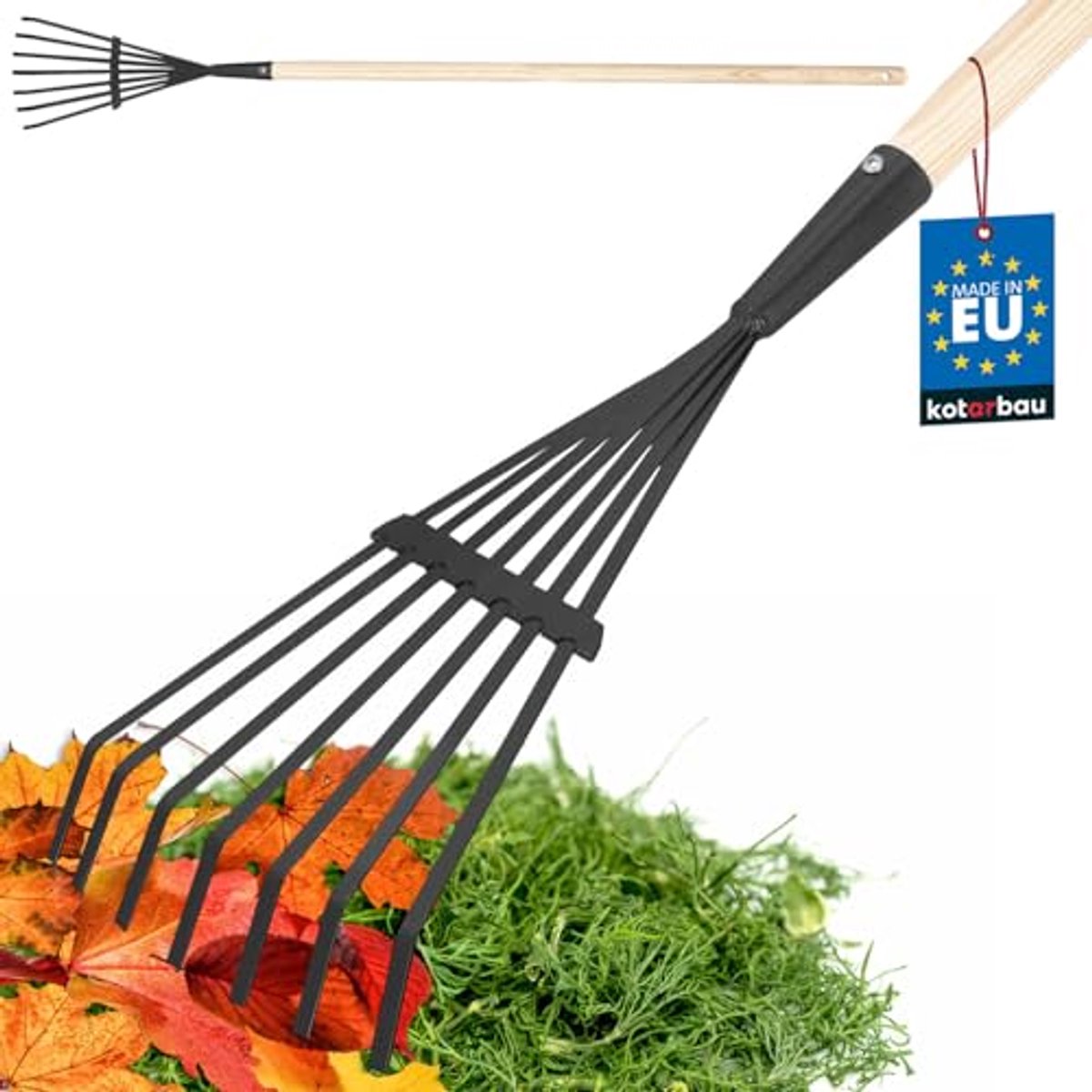 KOTARBAU® Bladhark, Staal, 14 cm, Bladbezem, met Houten Steel, 108 cm, Stevige Hark,Tuinhark, Gazonhark, voor Bladeren Gras Tuin, Ergonomisch Tuingereedschap, Zwart Natuurlijk Hout