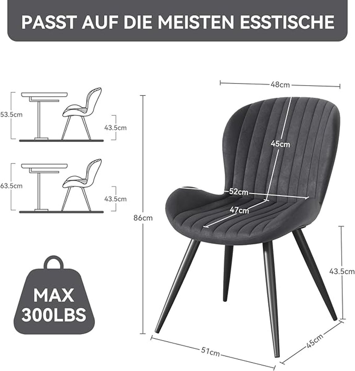 Eetkamerstoelen Set van 6 - Ergonomische Armleunstoelen, Gestoffeerd Waterdicht Materiaal, Metalen Poten, Donkergrijs, 45x51x86 cm – Comfortabele Keuken- en Woonkamerstoelen | Abkantoor