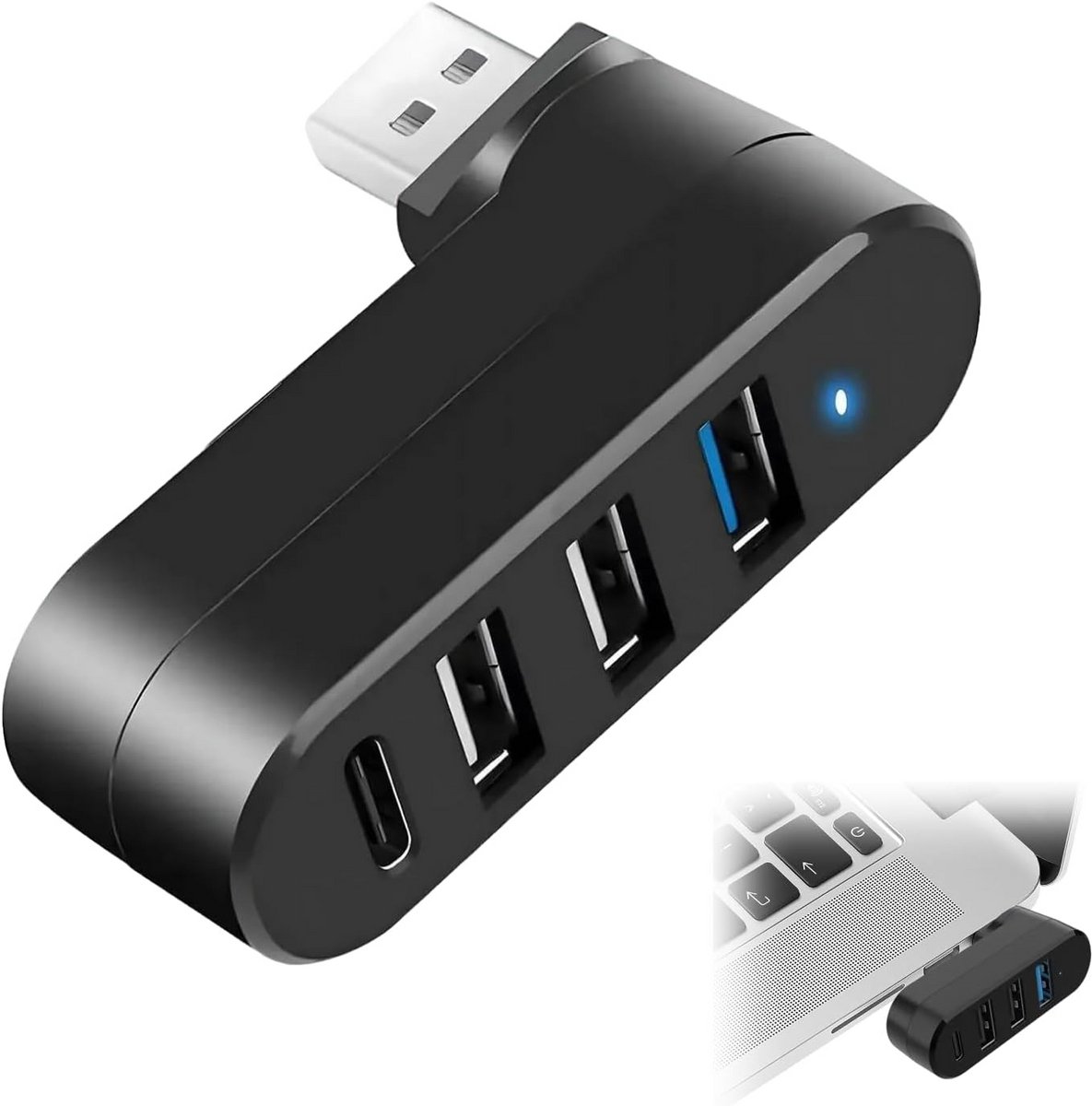 Draaibare 4-poorts USB-hub met USB 3.0, USB 2.0 en Type-C voor PC en Laptop