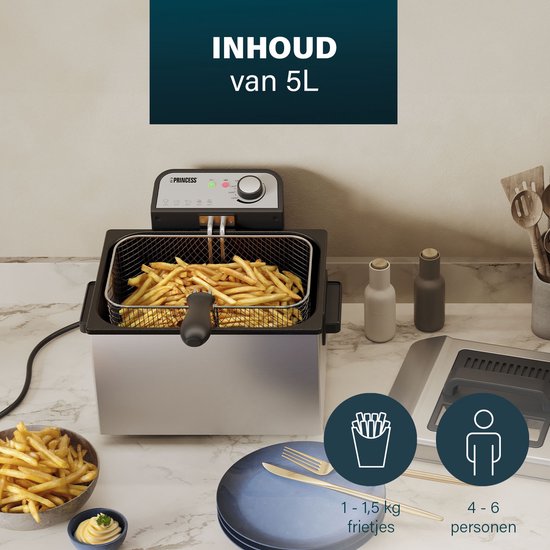 Gouden frietjes in een mand, geserveerd met dipsaus. Frituurpan met een inhoud van 5L, voor 1-1,5kg frietjes.