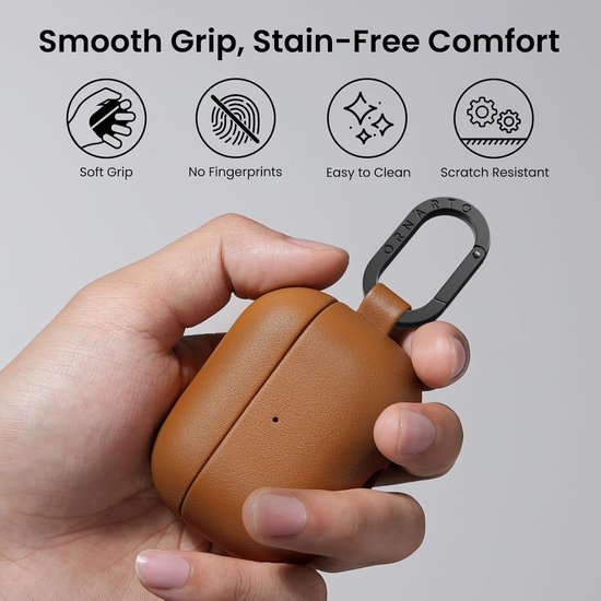 ORNARTO voor AirPods Pro 2 hoes, veganistisch lederen hoes, bruin leer - Veganistische lederen hoes, led aan de voorkant, draadloos opladen, krasbestendig, zachte aanraking, metalen karabijnhaak — afbeelding 3