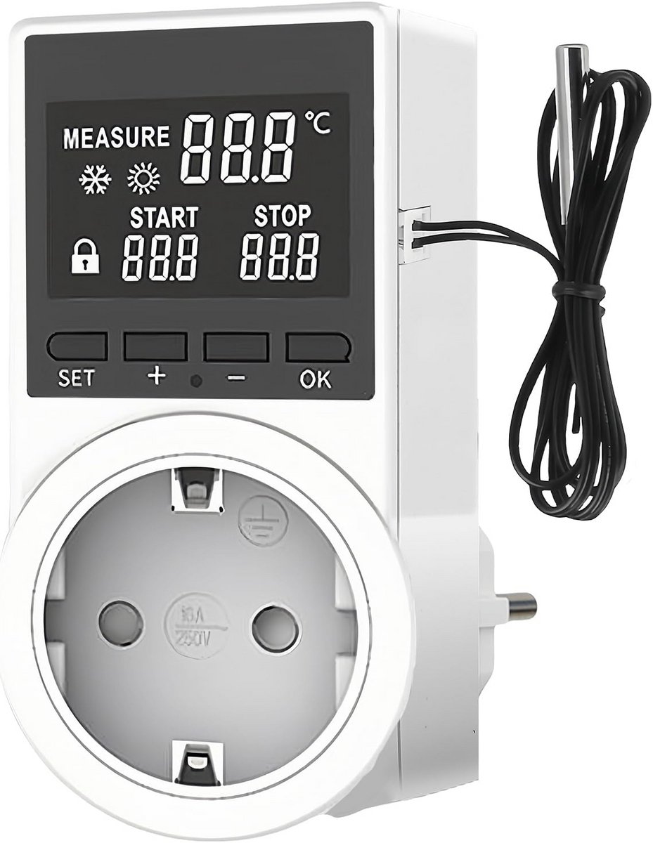 Digitale Temperatuurregelaar met Sensor en LCD Scherm - 230V Plug & Play Thermostaat voor Kas of Aquarium