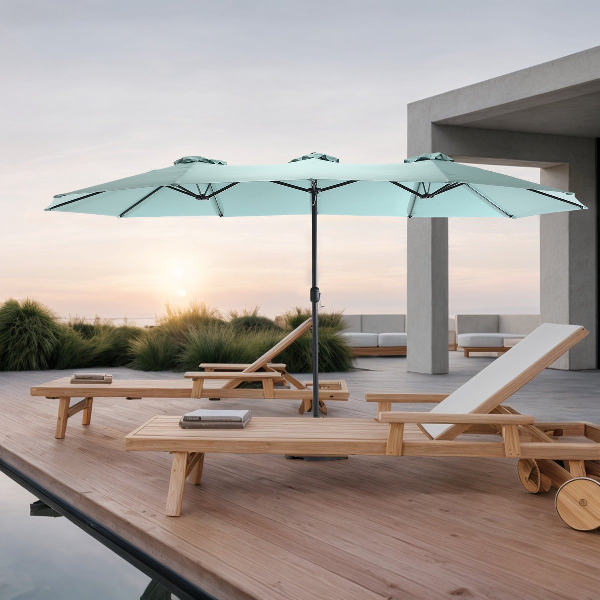 Wishdor - Buitenparasol - Dubbelzijdig Met Slinger - Rechthoekig - Voor Tuin En Terras - Staal - Lichtgroen - 14,8 Ft