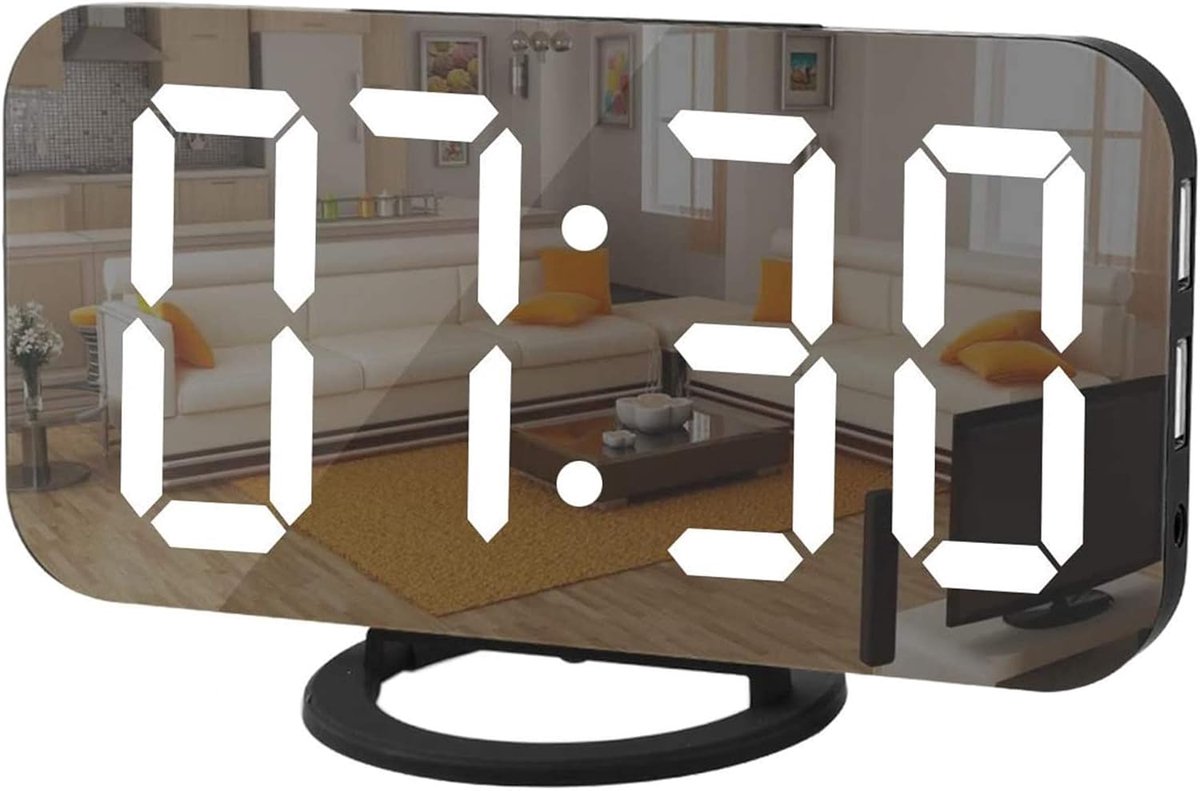 Digitale Wekker met Groot LED Display, Spiegeloppervlak en USB Oplaadpoorten