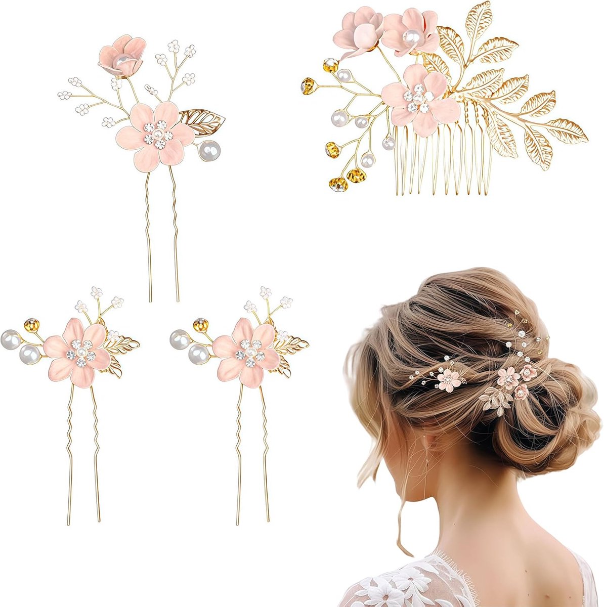 4 Delige Set Strass Bloemen Haarspeldjes voor Bruiloft en Feest - Dames en Meisjes