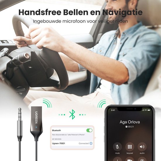 Zilverkleurige Ugreen Bluetooth adapter en telefoon met "Jake Peterson's iPhone".