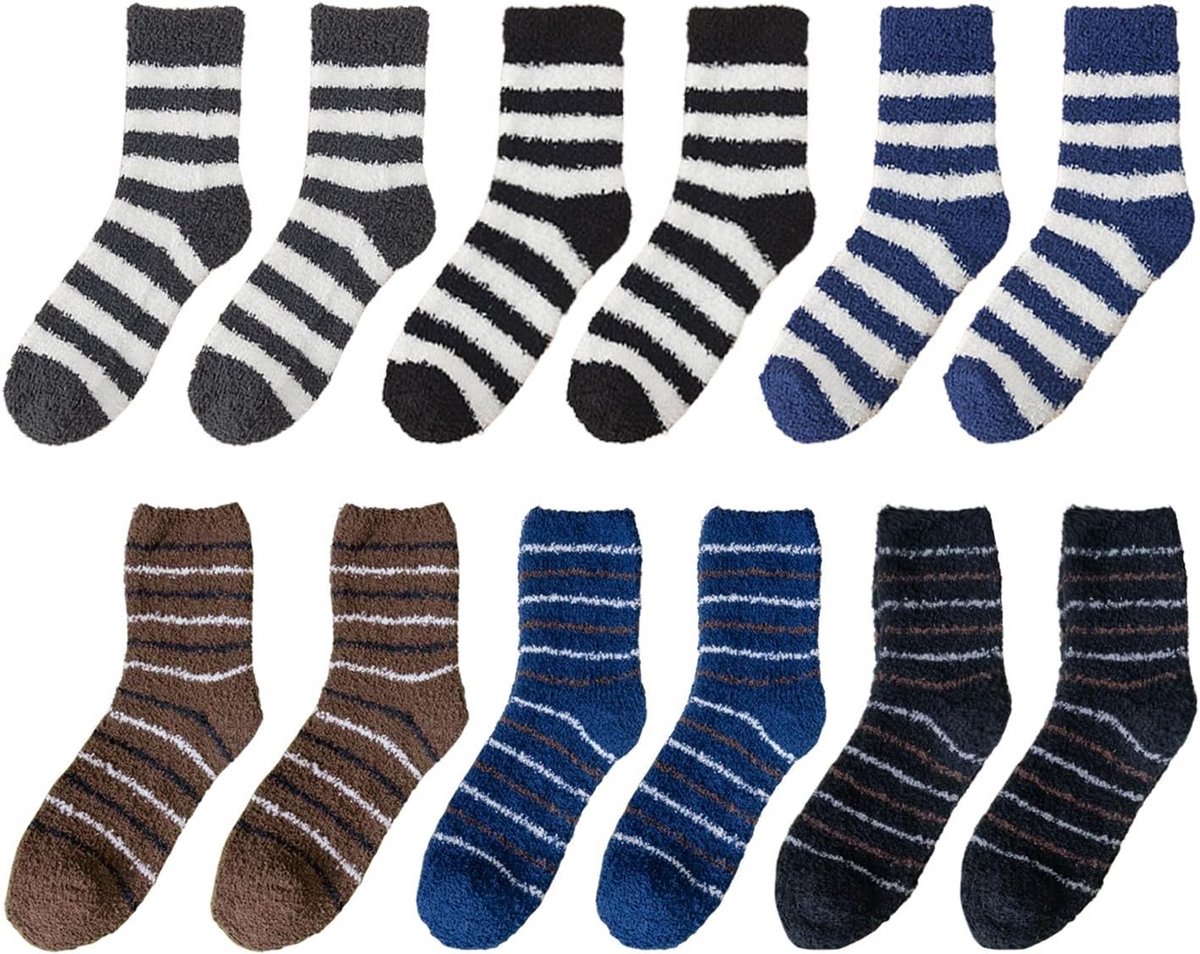 6 Paar Warme Gestreepte Fleece Huissokken met Antislipzolen voor Mannen en Dames
