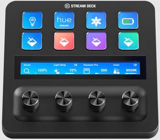 Zwart Stream Deck+ met blauwe en rode toetsen, LCD-scherm en vier draaiknoppen.