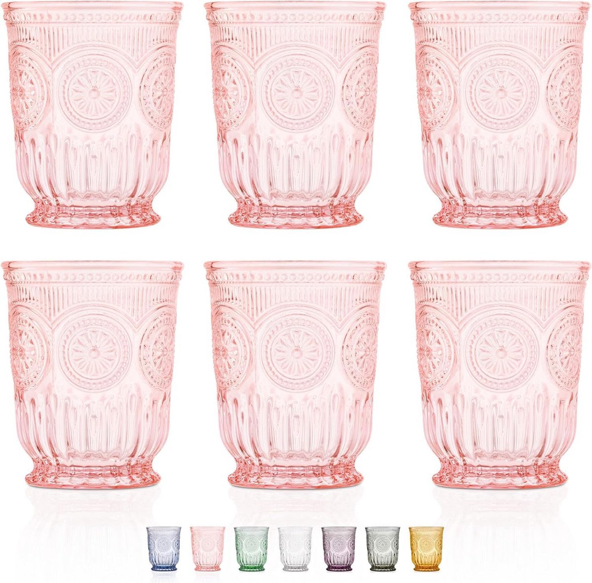 Set van 6 Roze Drinkglazen - Vintage Gekleurd Water- en Wijnglas Set