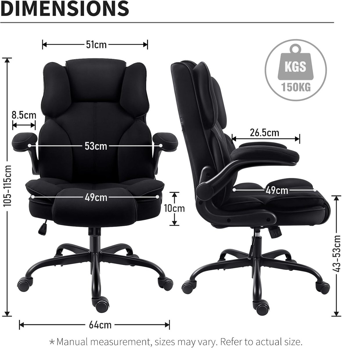 Ergonomische Bureaustoel met Wielen en Armleuningen – Casa Velluto Executive Office Chair, Hoogte Verstelbaar, Directiestoel Draagvermogen 150 kg, Comfortabele Thuis- en Kantoorstoel, Zwart