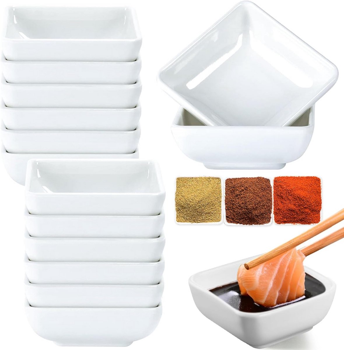 Set van 12 Kleine Vierkante Dip- en Sausbakjes - 7,5 cm - Vaatwasmachinebestendig