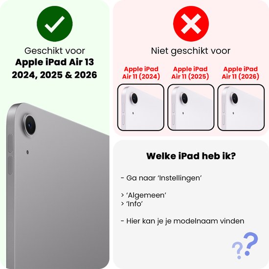 Convient pour Apple iPad Air 13 2024, 2025 et 2026. Ne convient pas pour iPad Air 11.