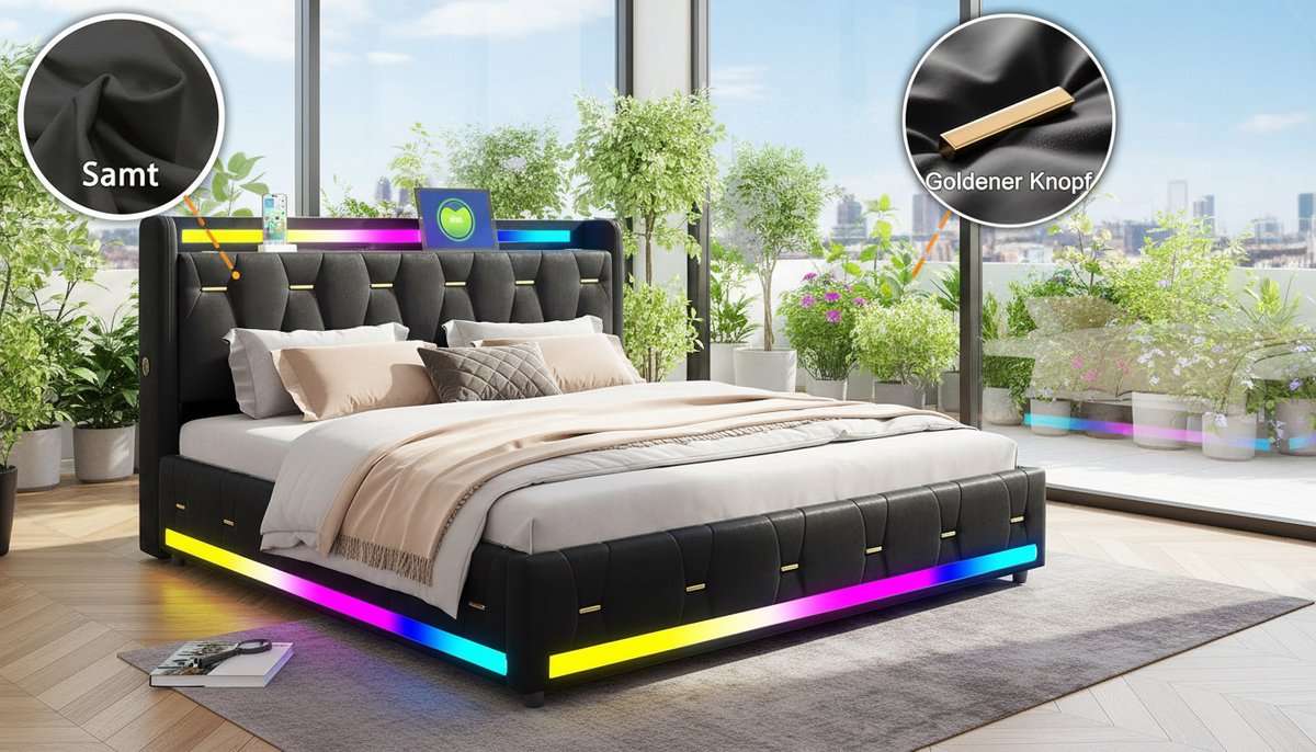Bed met Lades 140x200 – Bluetooth Speakers, LED Verlichting, USB & Type-C Oplaadstation – Gestoffeerd Fluwelen Bedframe met 4 Opberglades en Lattenbodem – Modern Tweepersoonsbed Zwart – Casa Velluto Sonata