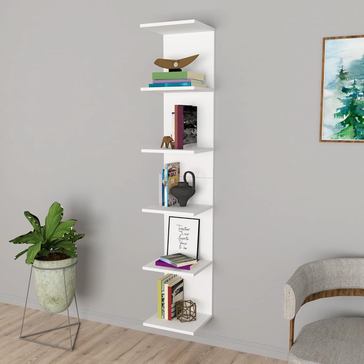 Hoog Wandrek met 6 Planken - Moderne Multifunctionele Wandopberger Grijs 180 cm