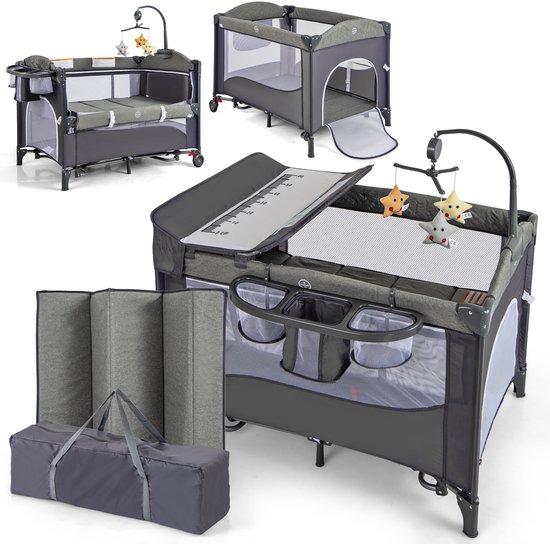 Grijze babybox met matras, luiertafel, mobiel en draagtas.