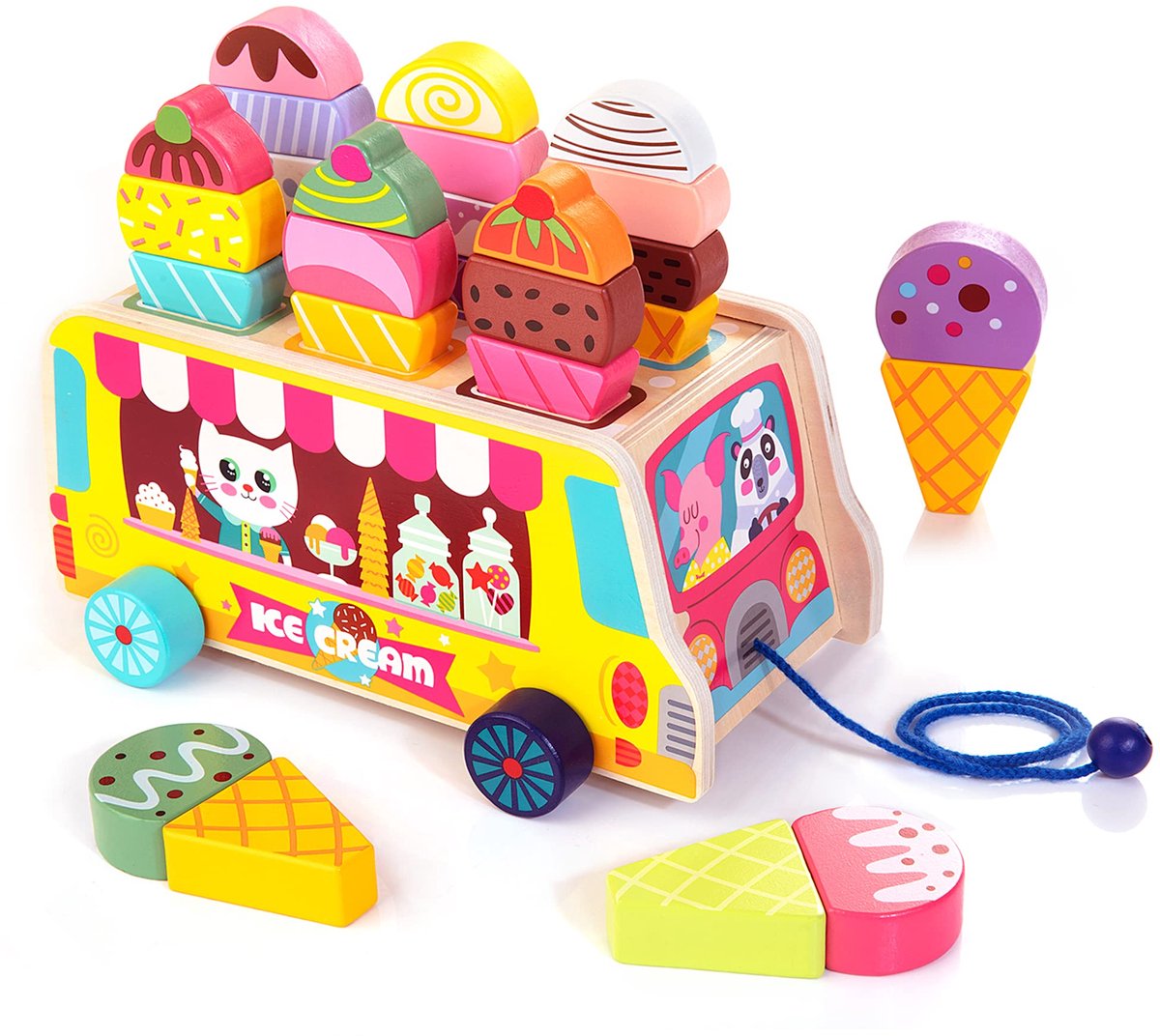 Houten Ijs Truck, Magnetische Ijs Dessert, Game Voedsel En Accessoires, Montessori Sorteren En Stapelen Speelgoed, Geschikt Voor Meisjes En Jongens Van 2-5 Jaar Oud