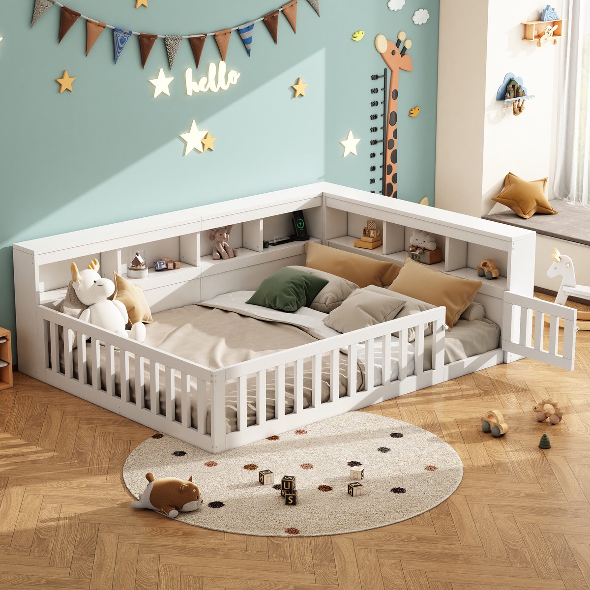 MODFU Bedframe 140x190 cm van spaanplaat en MDF, met opbergruimte, USB en stopcontact, wit