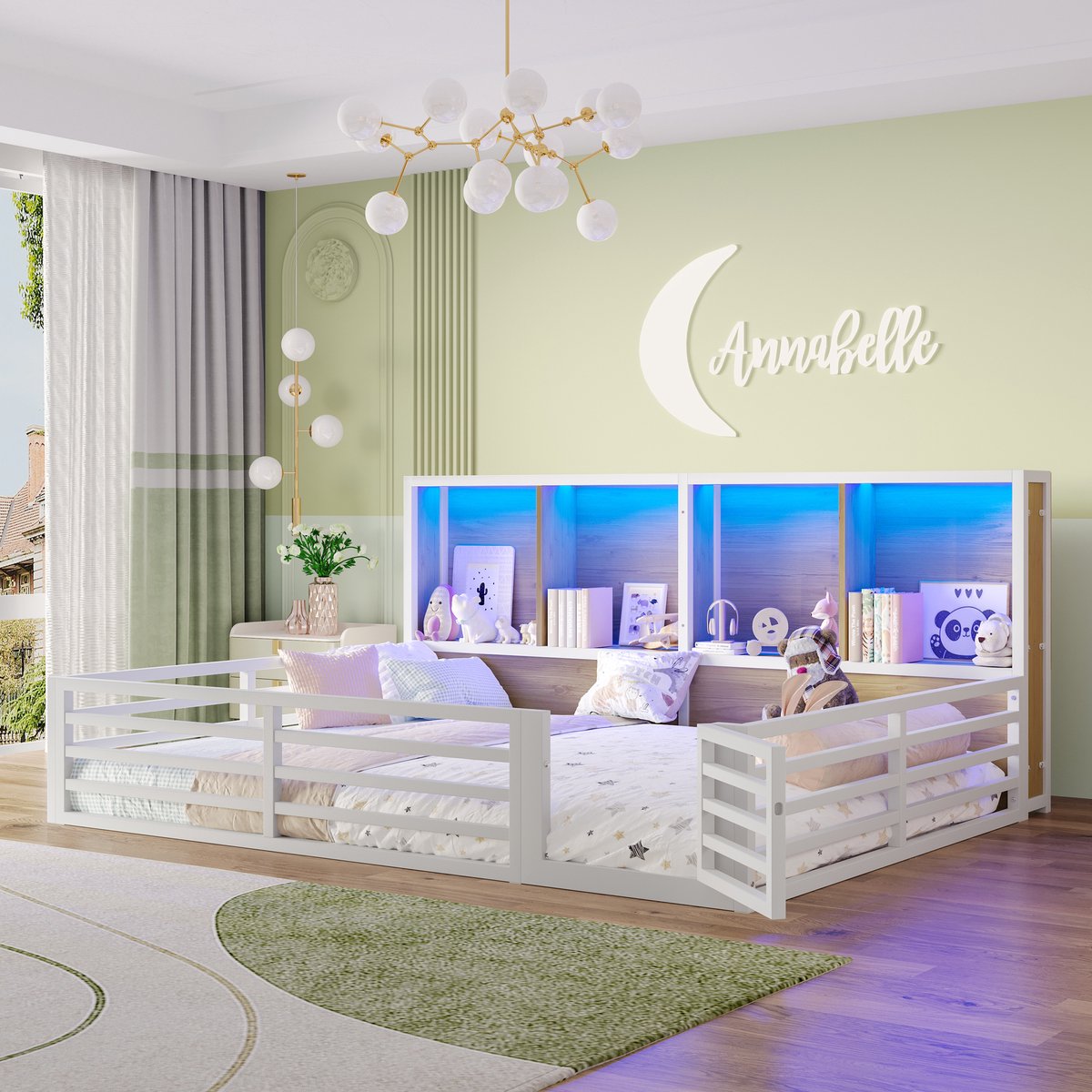 MODFU Bedframe – 140x200 cm – Met opbergvakken & LED – Metaal en MDF – Wit