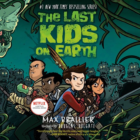 Boekomslag van "The Last Kids on Earth" met vier kinderen en zombies.