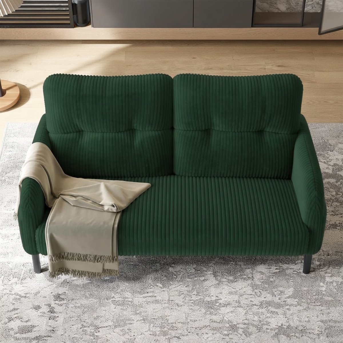 Cosy Corduroy 2-Zitsbank – Comfortabele Moderne Kleine Bank voor Woonkamer, Slaapkamer en Kantoor – Ergonomische Hoge Rugleuning, Ribfluweel Stof, Met Opbergtas – Groen urbanhome