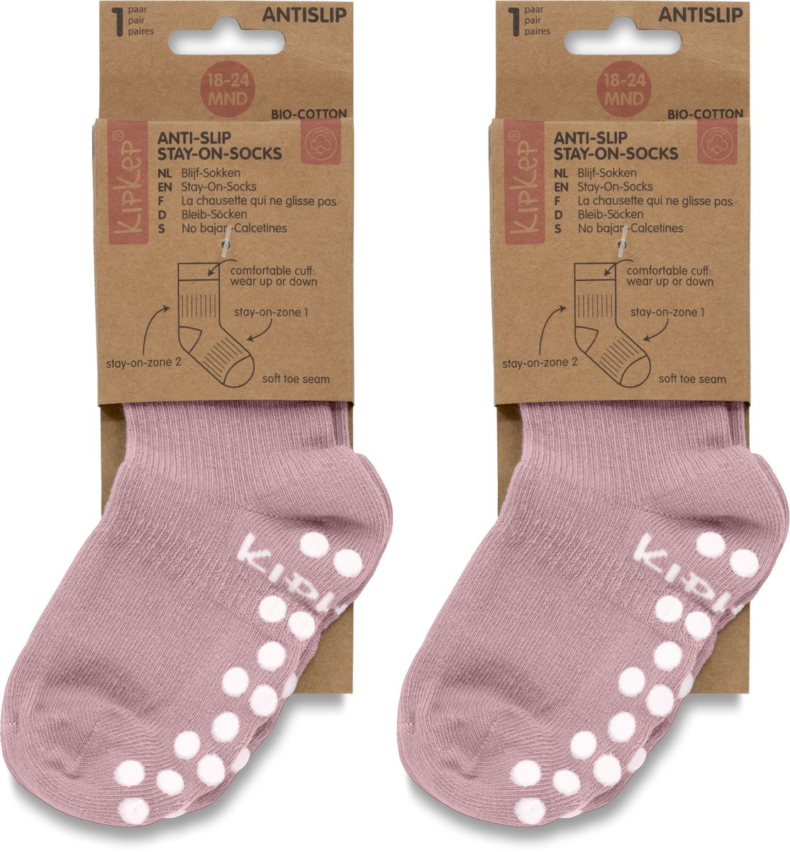 KipKep Blijf-Sokjes 2 paar met antislip - maat: 18-24 maanden - Mauve - Bio-katoen - Voordeelpak