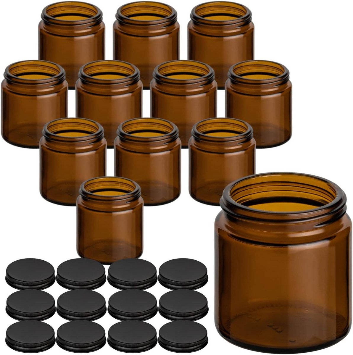 Set van 12 Amberkleurige Glazen Potjes van 120 ml met Zwarte Schroefdop
