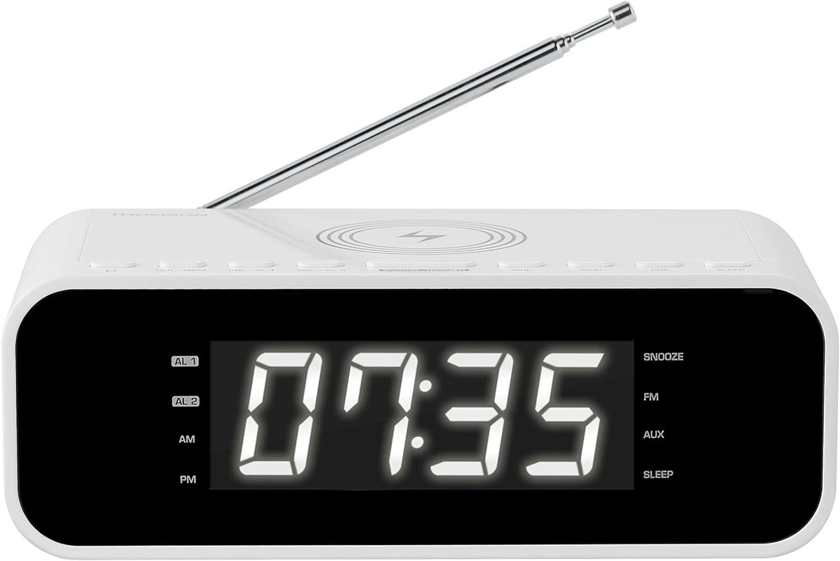 Wekker met Dubbel Alarm en Draadloze Oplader - Wit