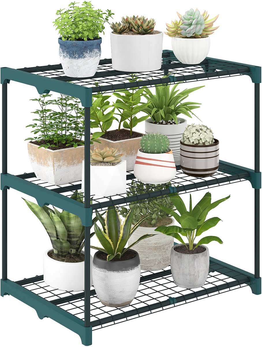 Killogood Drielaags plantenrek - 72 cm hoog - geschikt voor binnen en buiten - stalen plantenrek - donkergroen.