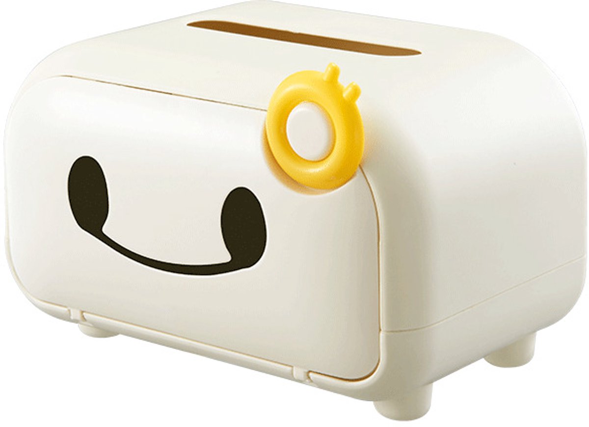 Oneay Leuk tissueboxje, gebroken wit van kleur, versierd met een cartoonachtig smileygezichtje, ideaal voor decoratie in de woonkamer, auto of op kantoor.