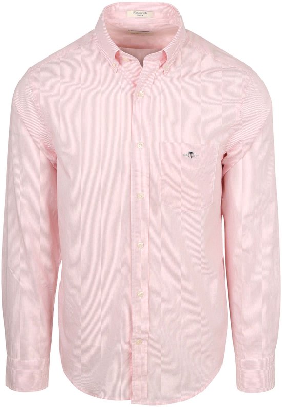 Roze gestreept poplin overhemd, voorkant met knoopjes, borstzakje met Gant-logo. Regular Fit.