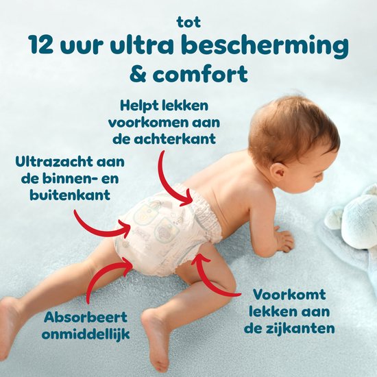 Baby op handen en knieën in een luier. 'Tot 12 uur ultra bescherming & comfort'.