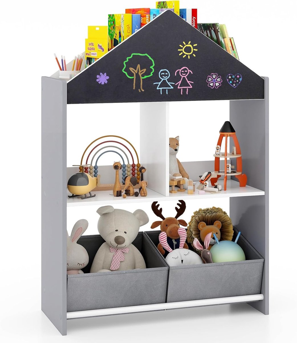 KOMFOTTEU 2-in-1 kinderboekenkast, speelgoedrek met bord, 4 bovenste vakken, 2 open vakken en 2 stoffen boxen, anti-kantelkits, staand rek, opbergrek voor speelkamer en kinderkamer (grijs)