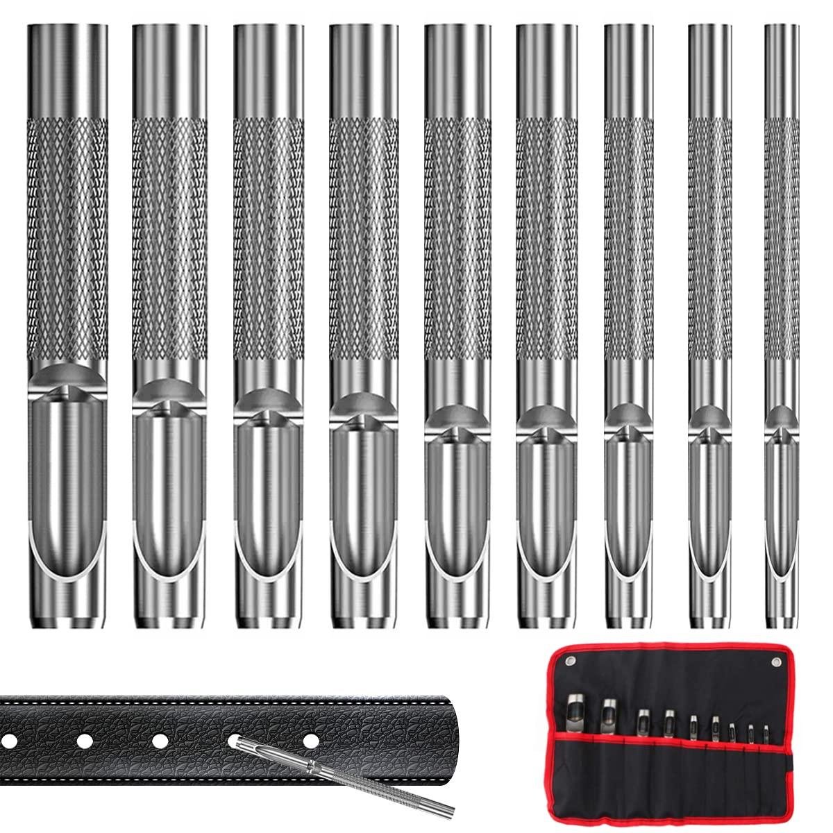 9 stuks uitsteekvormpjes van leer - punch set voor het maken van gaten in leer - rond staal - holle set - horlogeband - canvas - oogjes - geschikt voor ambachtsprojecten - variabele formaten - zwart