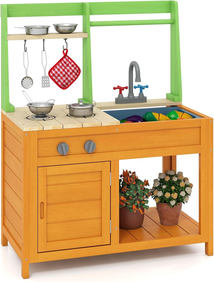 KOMFOTTEU Modderkeuken Hout - buitenkeuken - buiten speelkeuken - met fornuis, gootsteen, kraan, geluiden, diverse accessoires en open planken, voor jongens en meisjes vanaf 3 jaar